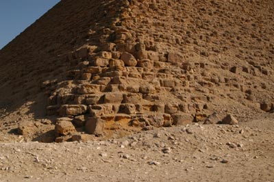 the corner of the pyramid, showing the red inner core