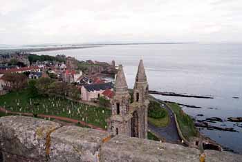 Looking down on the twin-towered abbey from St. Rules Tower
